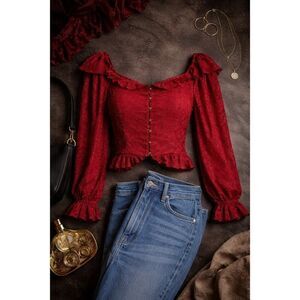 Anthropologie Cropped Red Lace Blouse Large Sheer Embroidered Boho Dark Romantic